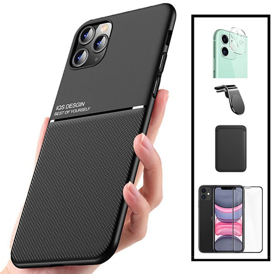 Kit Capa Traseira Magnética Anti Choque + Carteira Magnética Preto + Película de Vidro Temperado GorilasGlass + Película Protectora para Câmara Traseira + Suporte Magnético L para Xiaomi Mi 11 Lite