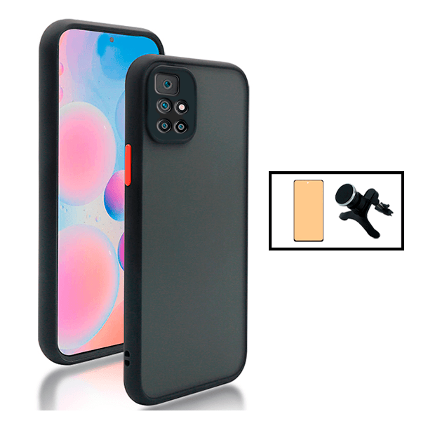 Kit Capa Traseira Proteção Camara + Vidro Temperado Ceramica Full Cover + Suporte Magnético Com Pernas para Xiaomi Redmi 10 Prime 2022 - Preto