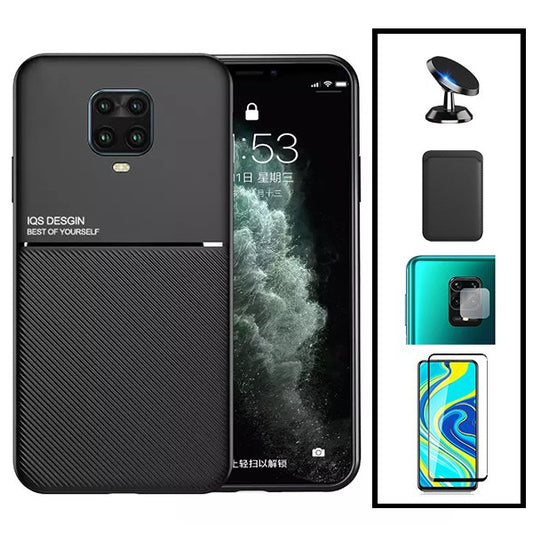 Kit Capa Traseira Magnética Anti Choque + Carteira Magnetica Preto + Película de Vidro Temperado GorilasGlass + Película Protectora para Câmara Traseira + Suporte Magnético para Xiaomi Redmi Note 10 Lite