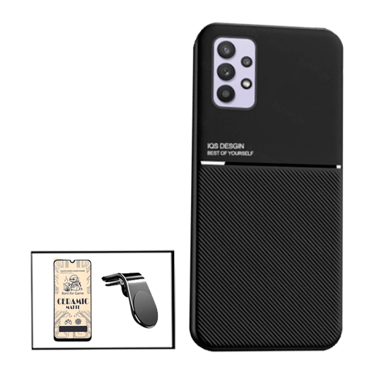 Kit Capa Traseira Magnética Anti Choque + Vidro Temperado Ceramica Full Cover + Suporte Magnético L para Samsung Galaxy A32 5G