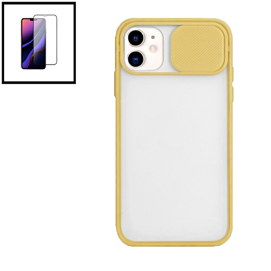 Kit Capa Proteção Camara Deslizante + Película de Vidro Temperado GorilasGlass para Apple iPhone SE 2022 - Amarelo