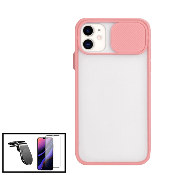 Kit Capa Proteção Camara Deslizante + Película de Vidro Temperado GorilasGlass + Suporte de Carro Magnético L para Apple iPhone SE 2022 - Rosa