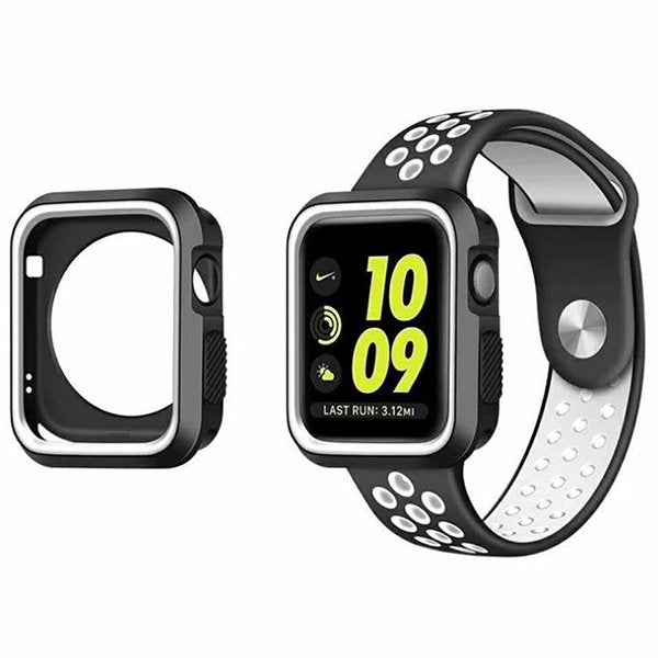 Kit Capa de Proteção Reforçada + Bracelete Desportiva para Apple Watch Series 7 - 41mm - Preto / Branco