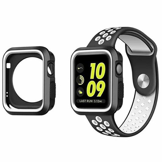 Kit Capa de Proteção Reforçada + Bracelete Desportiva para Apple Watch Series 7 - 45mm - Preto / Branco