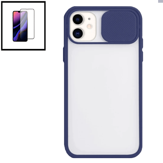 Kit Capa Proteção Camara Deslizante + Película de Vidro Temperado GorilasGlass para Apple iPhone SE 2022 - Azul Escuro