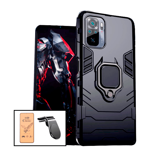 Kit Vidro Temperado Ceramica Full Cover + Capa de Proteção Militar Magnética + Suporte de Carro Magnético L para Xiaomi Redmi Note 10