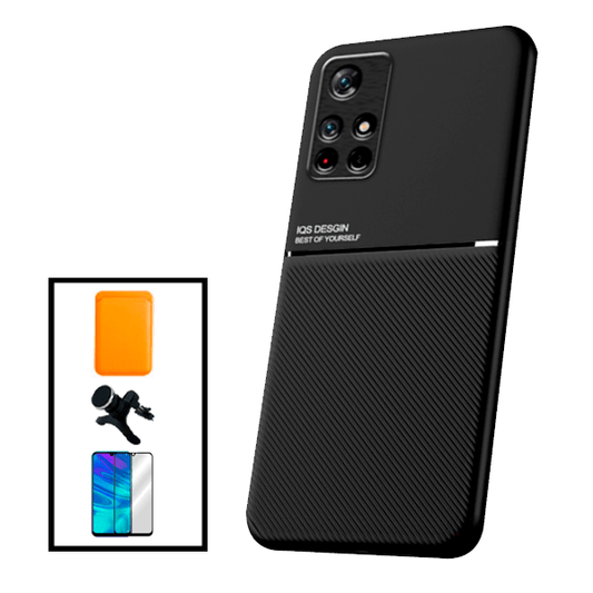 Kit Capa Traseira Magnética Anti Choque + Carteira Magnética Laranja + Película de Vidro Temperado GorilasGlass + Suporte Magnético Com Pernas para Xiaomi Poco M4 Pro 5G