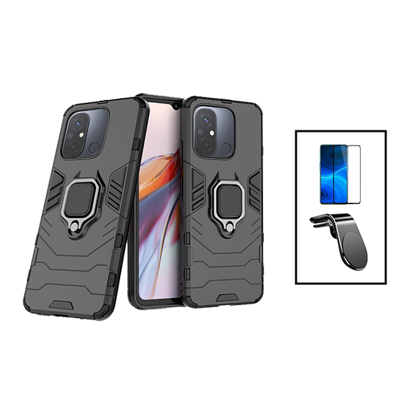 Kit Película de Vidro Temperado GorilasGlass + Capa de Proteção Militar Magnética + Suporte de Carro Magnético L para Xiaomi Redmi 12C - Preto