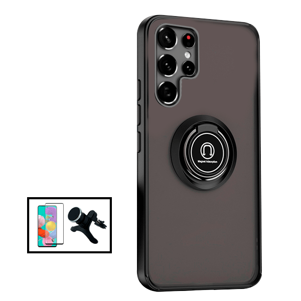 Kit Capa Traseira Anti Choque Fumada Com Anel Magnético + Película de Vidro Temperado GorilasGlass + Suporte Magnético Com Pernas para Samsung Galaxy S22 Ultra 5G