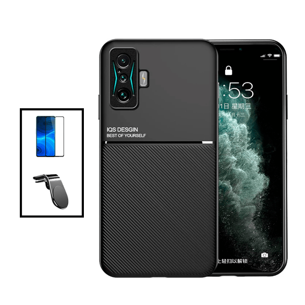 Kit Capa Traseira Magnética Anti Choque + Película de Vidro Temperado GorilasGlass + Suporte de Carro Magnético L para Xiaomi Redmi K50 Gaming - Preto