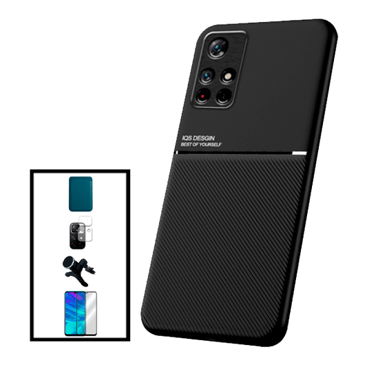 Kit Capa Traseira Magnética Anti Choque + Carteira Magnética Azul + Película de Vidro Temperado GorilasGlass + Película Protectora para Câmara Traseira + Suporte Magnético Com Pernas para Xiaomi Poco M4 Pro 5G