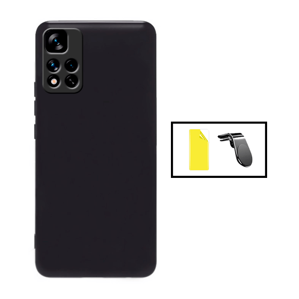 Kit Película Protectora de Hydrogel Frente + Capa Proteção Traseira Silicone + Suporte de Carro Magnético L para Xiaomi Redmi 10 Prime 2022 - Preto