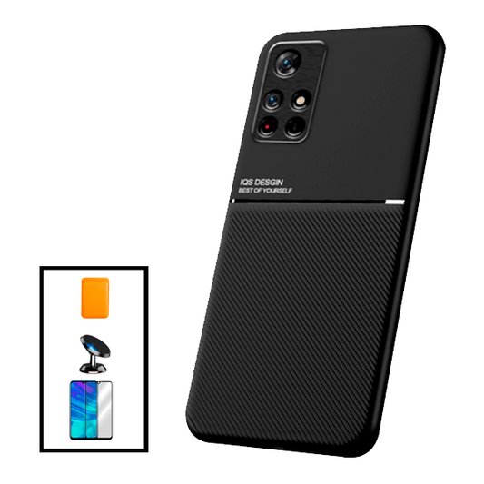 Kit Capa Traseira Magnética Anti Choque + Carteira Magnética Laranja + Película de Vidro Temperado GorilasGlass + Suporte Magnético para Xiaomi Poco M4 Pro 5G