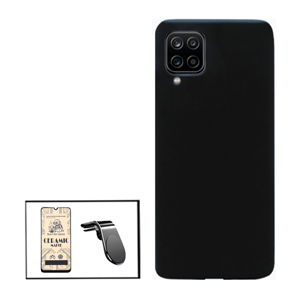 Kit Vidro Temperado Ceramica Full Cover + Capa Proteção Traseira Silicone + Suporte de Carro Magnético L para Samsung Galaxy A12