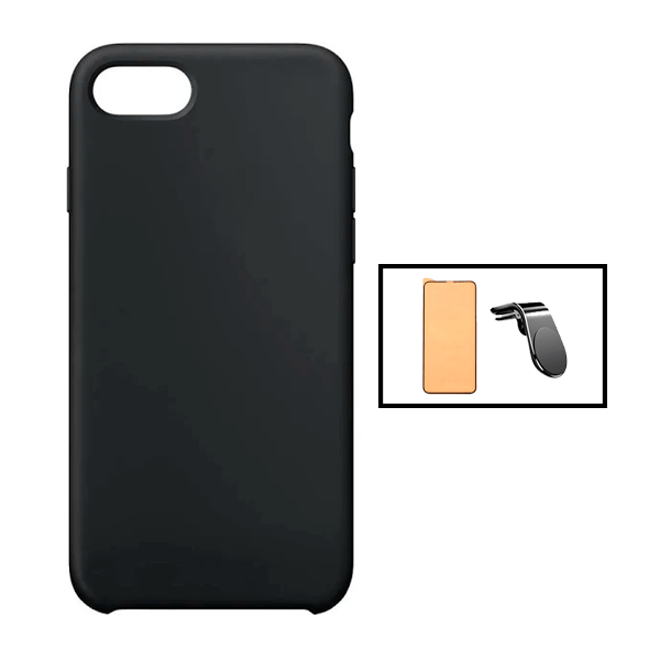 Kit Vidro Temperado Ceramica Full Cover + Capa Silicone Líquido + Suporte de Carro Magnético L para Apple iPhone SE 2022 - Preto