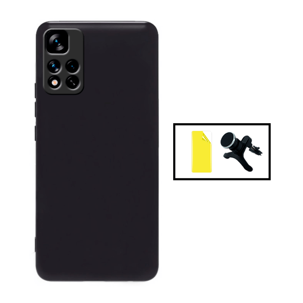Kit Película Protectora de Hydrogel Frente + Capa Proteção Traseira Silicone + Suporte Magnético Com Pernas para Xiaomi Redmi 10 Prime 2022 - Preto