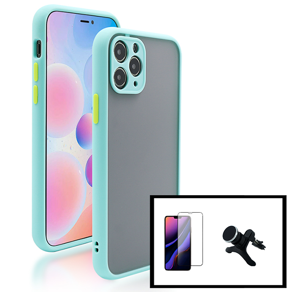 Kit Capa Traseira Proteção Camara + Película de Vidro Temperado GorilasGlass + Suporte Magnético Com Pernas para iPhone 13 - Azul Claro