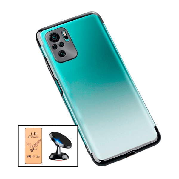 Kit Vidro Temperado Ceramica Full Cover + Capa Proteção Traseira Super Slim + Suporte Magnético para Xiaomi Redmi Note 10 - Preto