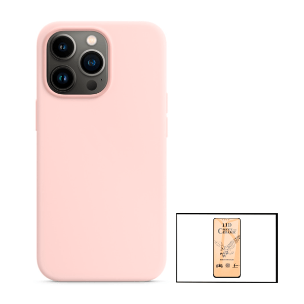 Kit Vidro Temperado Ceramica Full Cover + Capa Proteção Traseira Silicone para iPhone 13 - Rosa