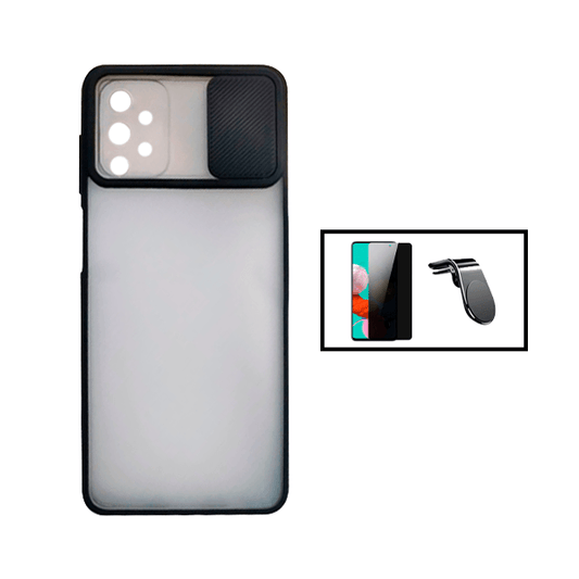 Kit Capa Proteção Camara Deslizante + Película de Vidro Temperado Privacidade + Suporte Magnético L para Samsung Galaxy A52s 5G - Preto