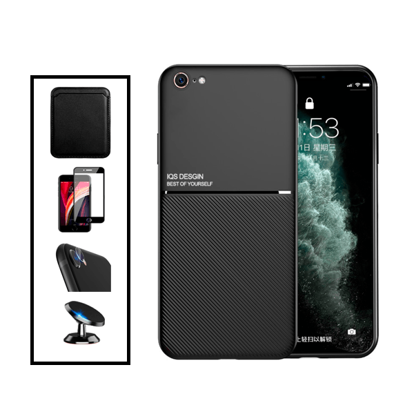 Kit Capa Traseira Magnética Anti Choque + Carteira Magnetica Preto + Película de Vidro Temperado GorilasGlass + Película Protectora para Câmara Traseira + Suporte Magnético para Apple iPhone SE 2022 - Preto