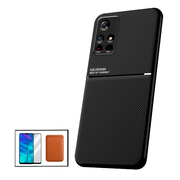 Kit Capa Traseira Magnética Anti Choque + Carteira Magnética Castanho + Película de Vidro Temperado GorilasGlass para Xiaomi Poco M4 Pro 5G