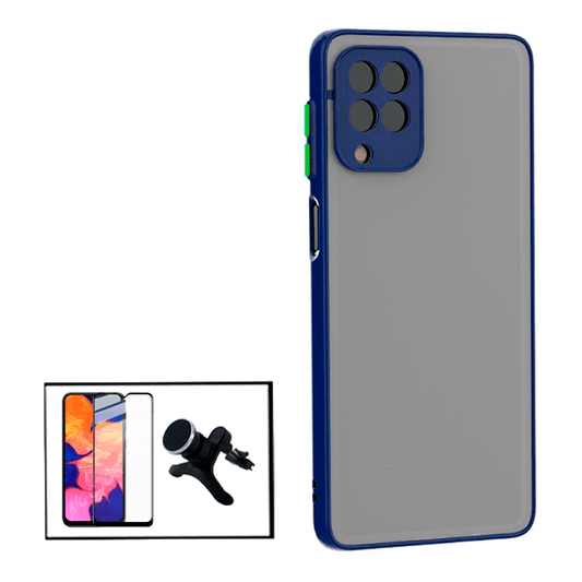 Kit Capa Traseira Proteção Camara + Película de Vidro Temperado GorilasGlass + Suporte Magnético Com Pernas para Samsung Galaxy A12 - Azul