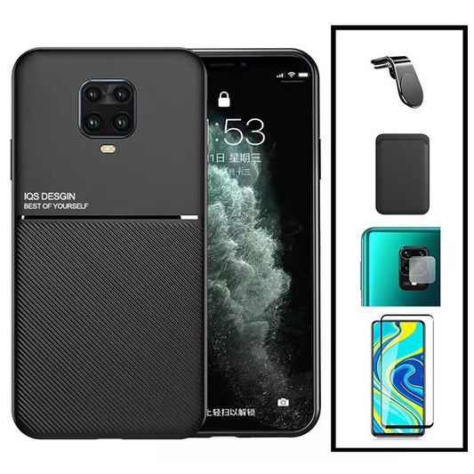 Kit Capa Traseira Magnética Anti Choque + Carteira Magnetica Preto + Película de Vidro Temperado GorilasGlass + Película Protectora para Câmara Traseira + Suporte de Carro Magnético L para Xiaomi Redmi Note 10 Lite