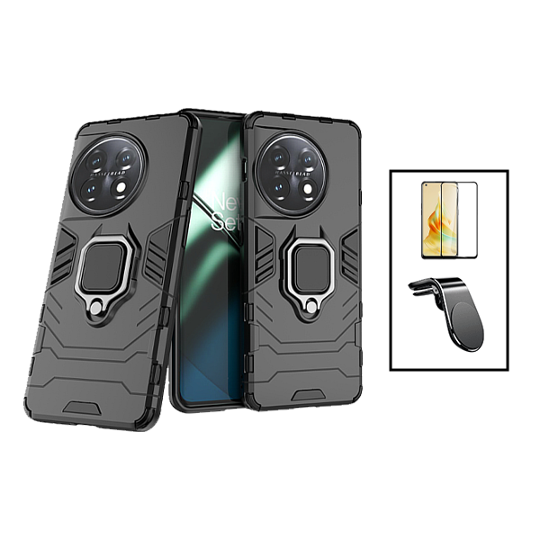 Kit Película de Vidro Temperado GorilasGlass Curvado + Capa de Proteção Militar Magnética + Suporte de Carro Magnético L para OnePlus 11 - Preto