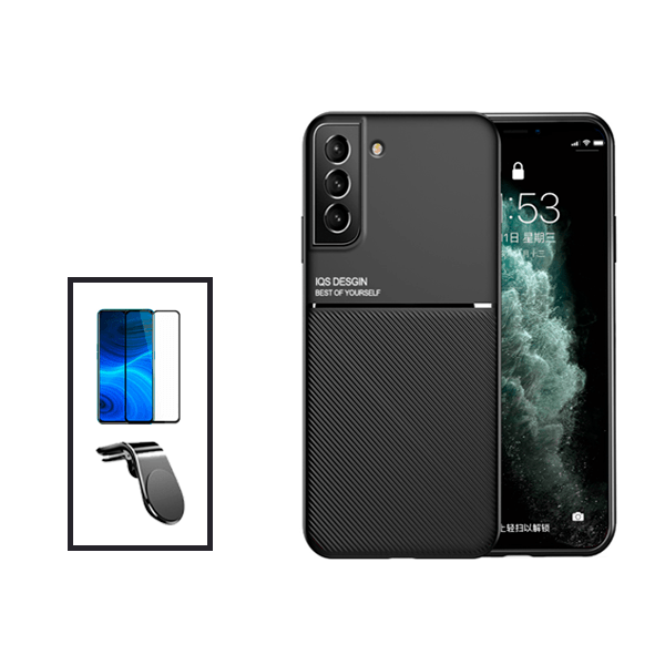 Kit Capa Traseira Magnética Anti Choque + Película de Vidro Temperado GorilasGlass + Suporte de Carro Magnético L para Samsung Galaxy S21 FE 5G - Preto