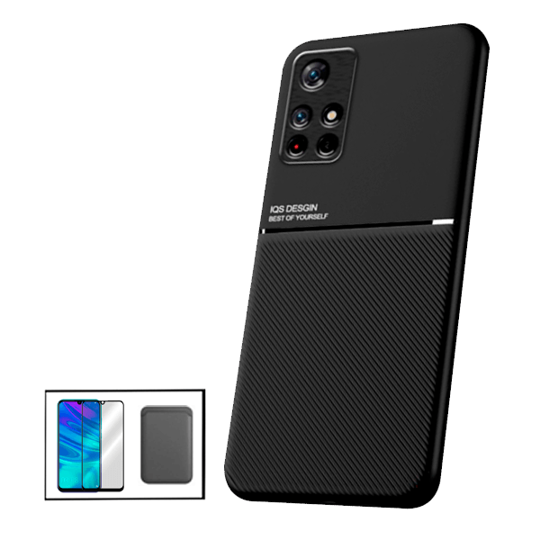 Kit Capa Traseira Magnética Anti Choque + Carteira Magnética preto + Película de Vidro Temperado GorilasGlass para Xiaomi Poco M4 Pro 5G