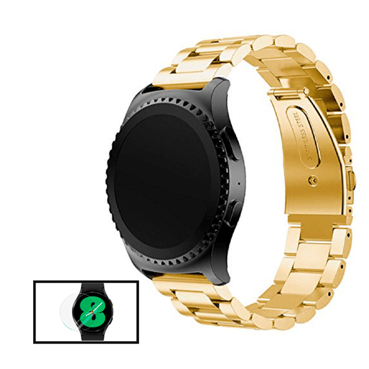 Kit Bracelete de Aço + Ferramenta + Película de Vidro Temperado GorilasGlass 3D para Xiaomi Watch S1 - Ouro / Transparente