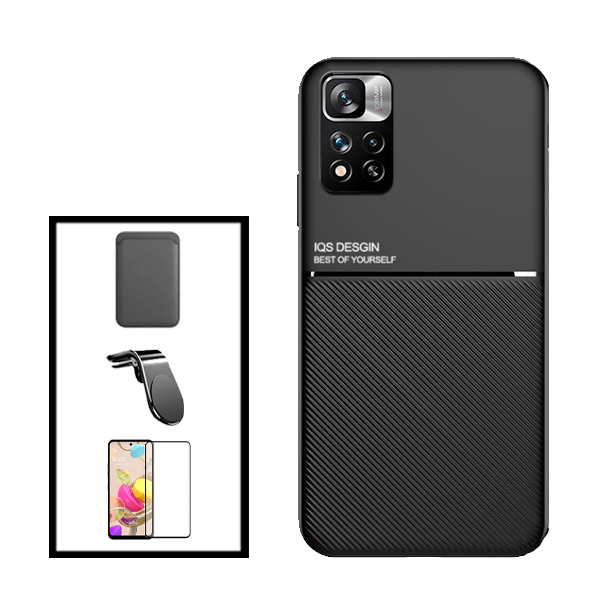 Kit Capa Traseira Magnética Anti Choque + Carteira Magnetica Preto + Película de Vidro Temperado GorilasGlass + Suporte de Carro Magnético L para Xiaomi 11i HyperCharge - Preto