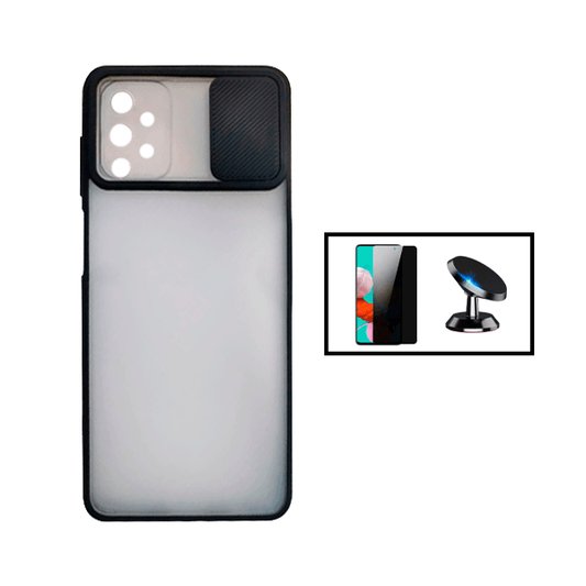 Kit Capa Proteção Camara Deslizante + Película de Vidro Temperado Privacidade + Suporte Magnético para Samsung Galaxy A52 5G - Preto