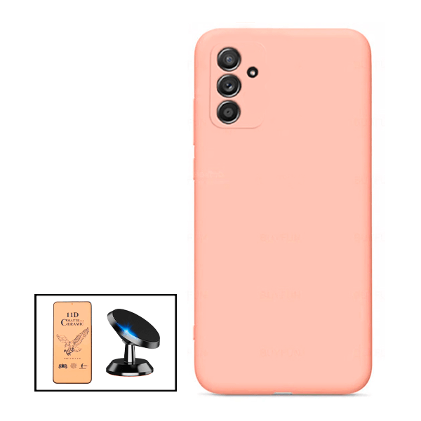 Kit Vidro Temperado Ceramica Full Cover + Capa Proteção Traseira Silicone + Suporte Magnético para Samsung Galaxy M52 5G - Rosa