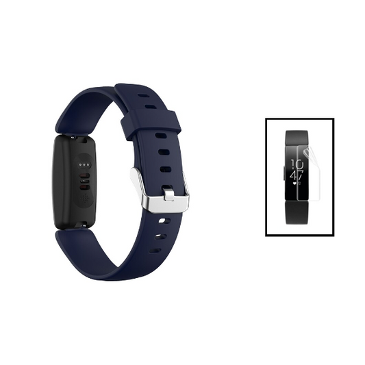 Kit Bracelete Silicone Com Fivela + Película de Hydrogel para Fitbit Inspire 2 - Azul Escuro