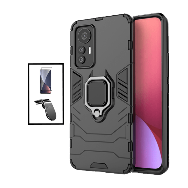 Kit Película de Vidro Temperado GorilasGlass Curvado + Capa de Proteção Militar Magnética + Suporte de Carro Magnético L para Xiaomi 12S - Preto