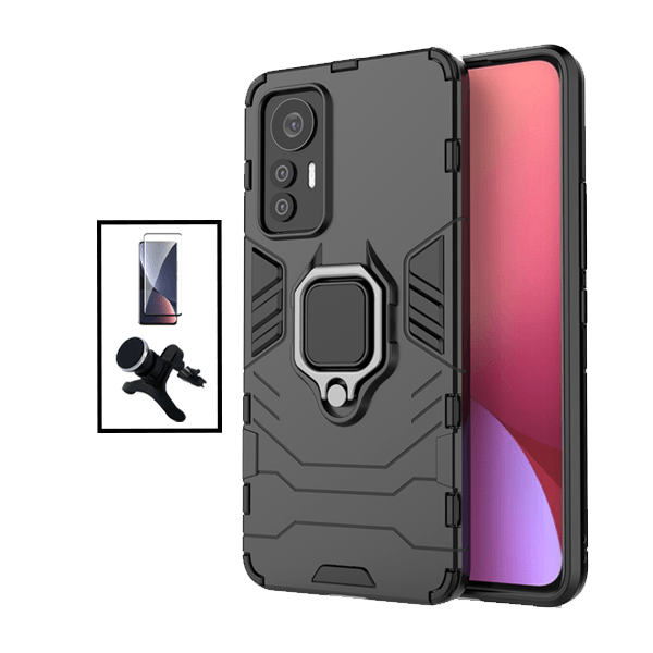 Kit Película de Vidro Temperado GorilasGlass Curvado + Capa de Proteção Militar Magnética + Suporte Magnético Com Pernas para Xiaomi 12X - Preto