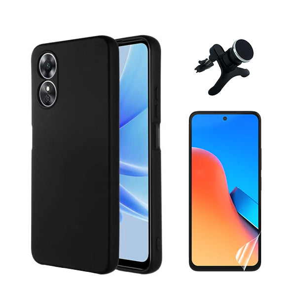 Kit Película Protectora de Hydrogel Frente + Capa Proteção Traseira Silicone + Suporte Magnético Com Pernas GIFT4ME para Oppo A58 4G - Preto