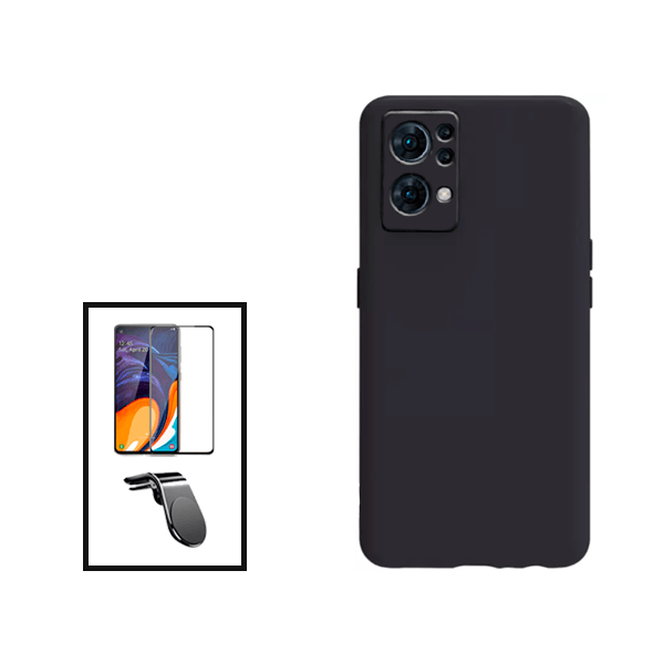 Kit Película de Vidro Temperado GorilasGlass + Capa Proteção Traseira Silicone + Suporte de Carro Magnético L para Oppo Reno7 Pro 5G - Preto