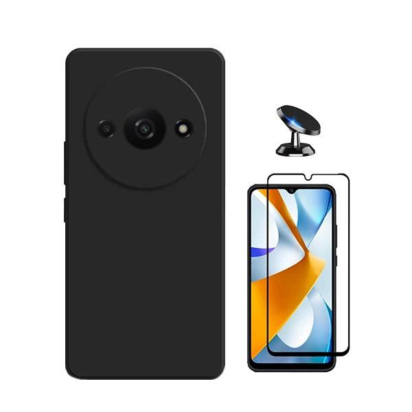 Kit Película de Vidro Temperado GOrilasGlass + Capa Proteção Traseira Silicone + Suporte Magnético GIFT4ME para Xiaomi Redmi A3 - Preto