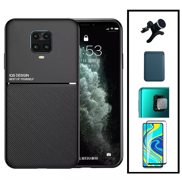 Kit Capa Traseira Magnética Anti Choque + Carteira Magnetica Azul + Película de Vidro Temperado GorilasGlass + Película Protectora para Câmara Traseira + Suporte Magnético Com Pernas para Xiaomi Redmi Note 10 Lite