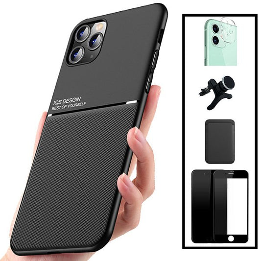 Kit Capa Traseira Magnética Anti Choque + Carteira Magnética Preto + Película de Vidro Temperado GorilasGlass + Película Protectora para Câmara Traseira + Suporte Magnético Com Pernas para Xiaomi Mi 11 Lite