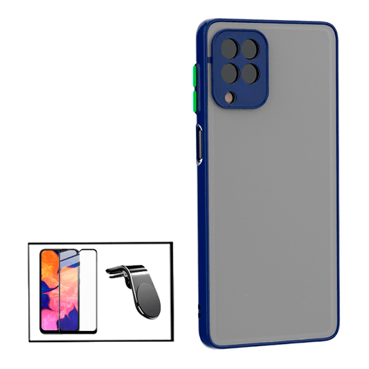 Kit Capa Traseira Proteção Camara + Película de Vidro Temperado GorilasGlass + Suporte de Carro Magnético L para Samsung Galaxy A12 - Azul