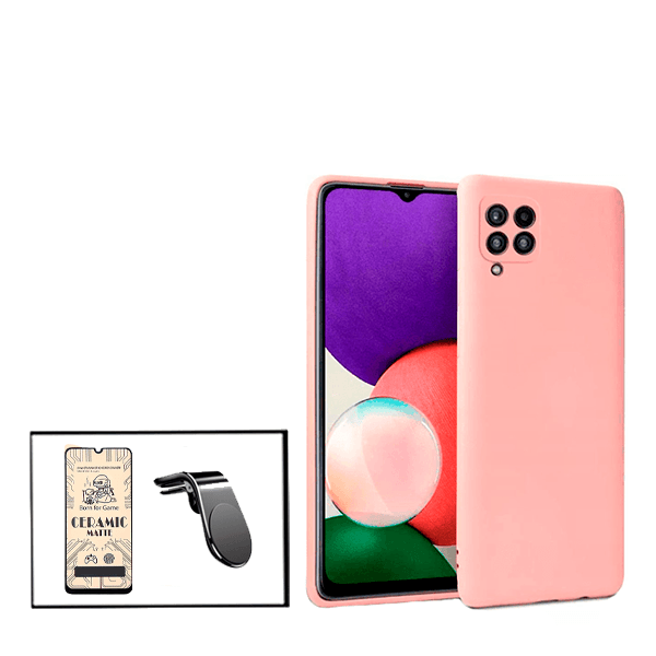 Kit Vidro Temperado Ceramica Full Cover + Capa Proteção Traseira Silicone + Suporte de Carro Magnético L para Samsung Galaxy M22 - Rosa