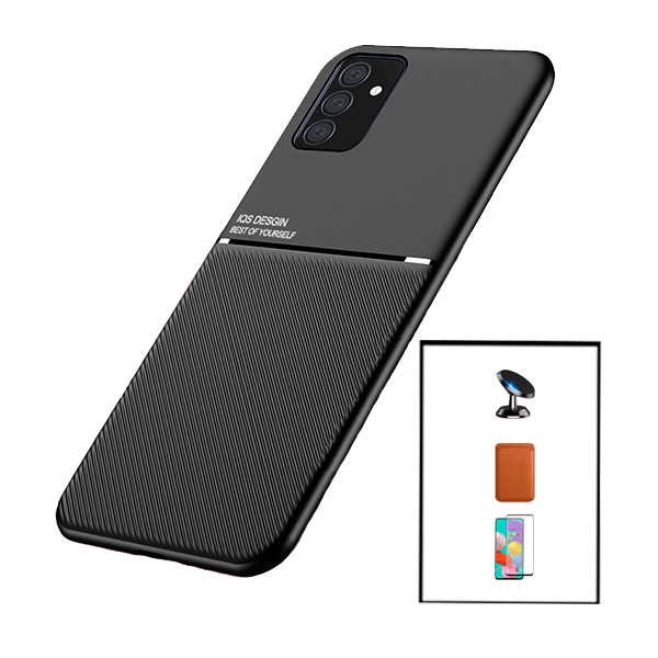 Kit Capa Traseira Magnética Anti Choque + Carteira Magnética Castanho + Película de Vidro Temperado GorilasGlass + Suporte Magnético para Samsung Galaxy M52 5G