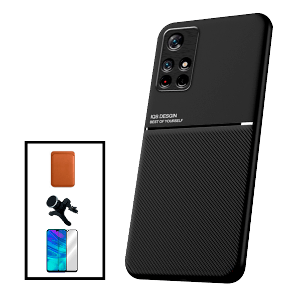 Kit Capa Traseira Magnética Anti Choque + Carteira Magnética Castanho + Película de Vidro Temperado GorilasGlass + Suporte Magnético Com Pernas para Xiaomi Poco M4 Pro 5G