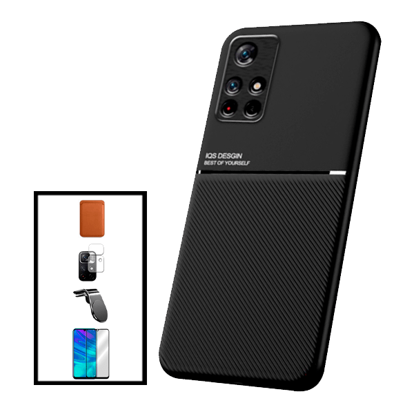 Kit Capa Traseira Magnética Anti Choque + Carteira Magnética Castanho + Película de Vidro Temperado GorilasGlass + Película Protectora para Câmara Traseira + Suporte Magnético L para Xiaomi Poco M4 Pro 5G