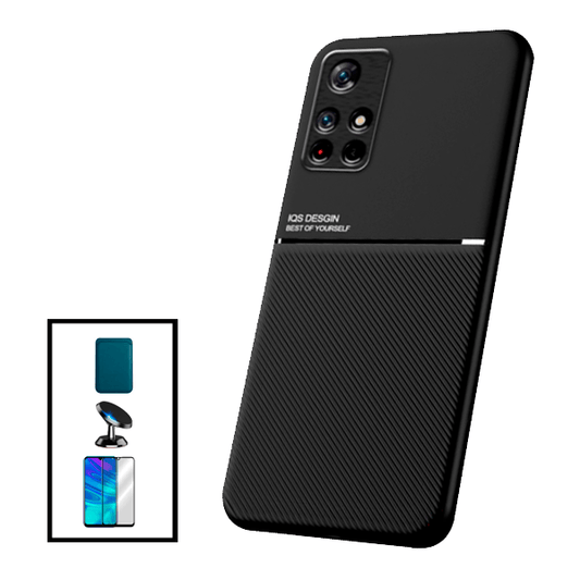 Kit Capa Traseira Magnética Anti Choque + Carteira Magnética Azul + Película de Vidro Temperado GorilasGlass + Suporte Magnético para Xiaomi Poco M4 Pro 5G