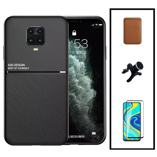 Kit Capa Traseira Magnética Anti Choque + Carteira Magnetica Castanho + Película de Vidro Temperado GorilasGlass + Suporte Magnético Com Pernas para Xiaomi Redmi Note 10 Lite